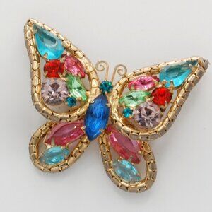 Colorful Vintage Gold Rhinestone Butterfly Brooch Pin